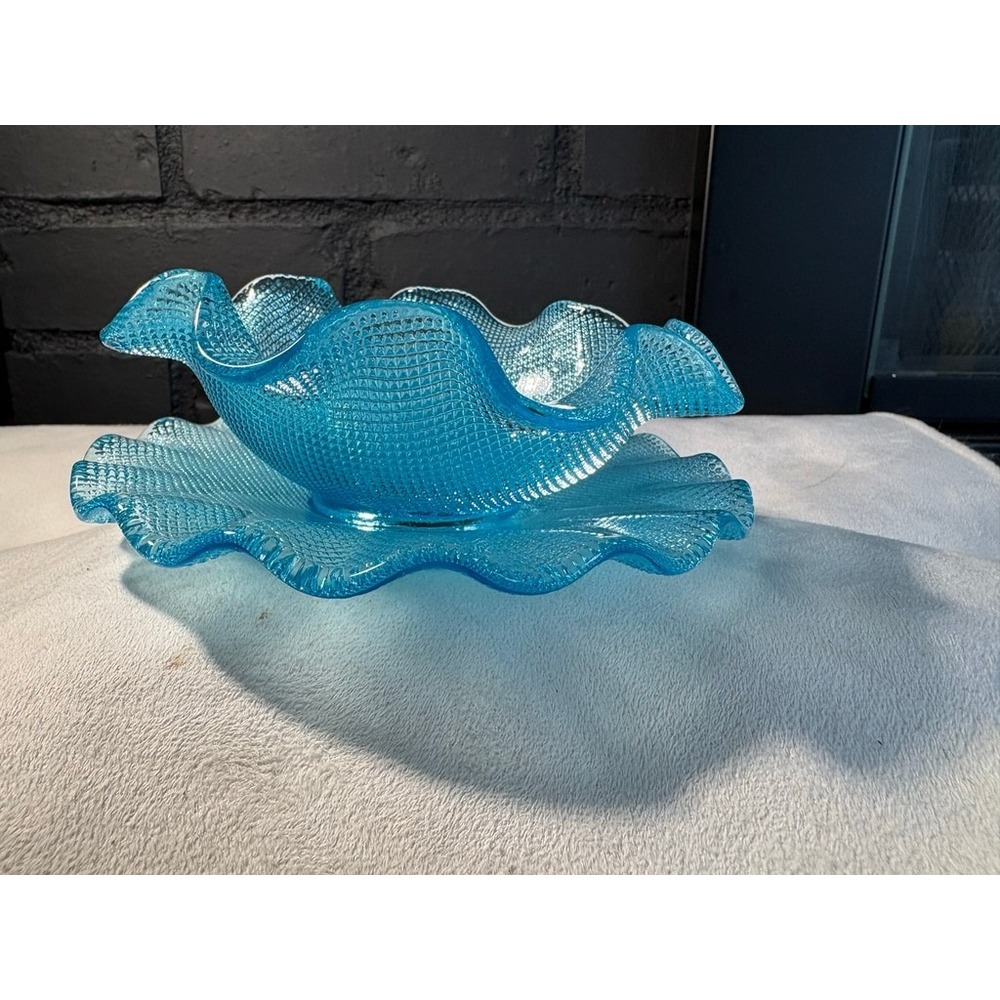 Vintage Blue Glass Ruffled‎ Bowl and Plate Set Diamond Point Hobnail Turquoise